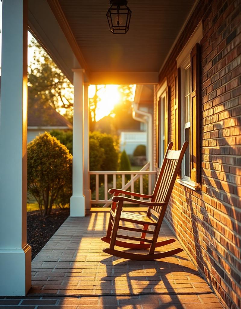 Warm sunlit front porch with a wooden rocking chair